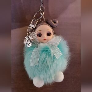 Beautiful Doll Bagcharm Keychain with Mint Pompom